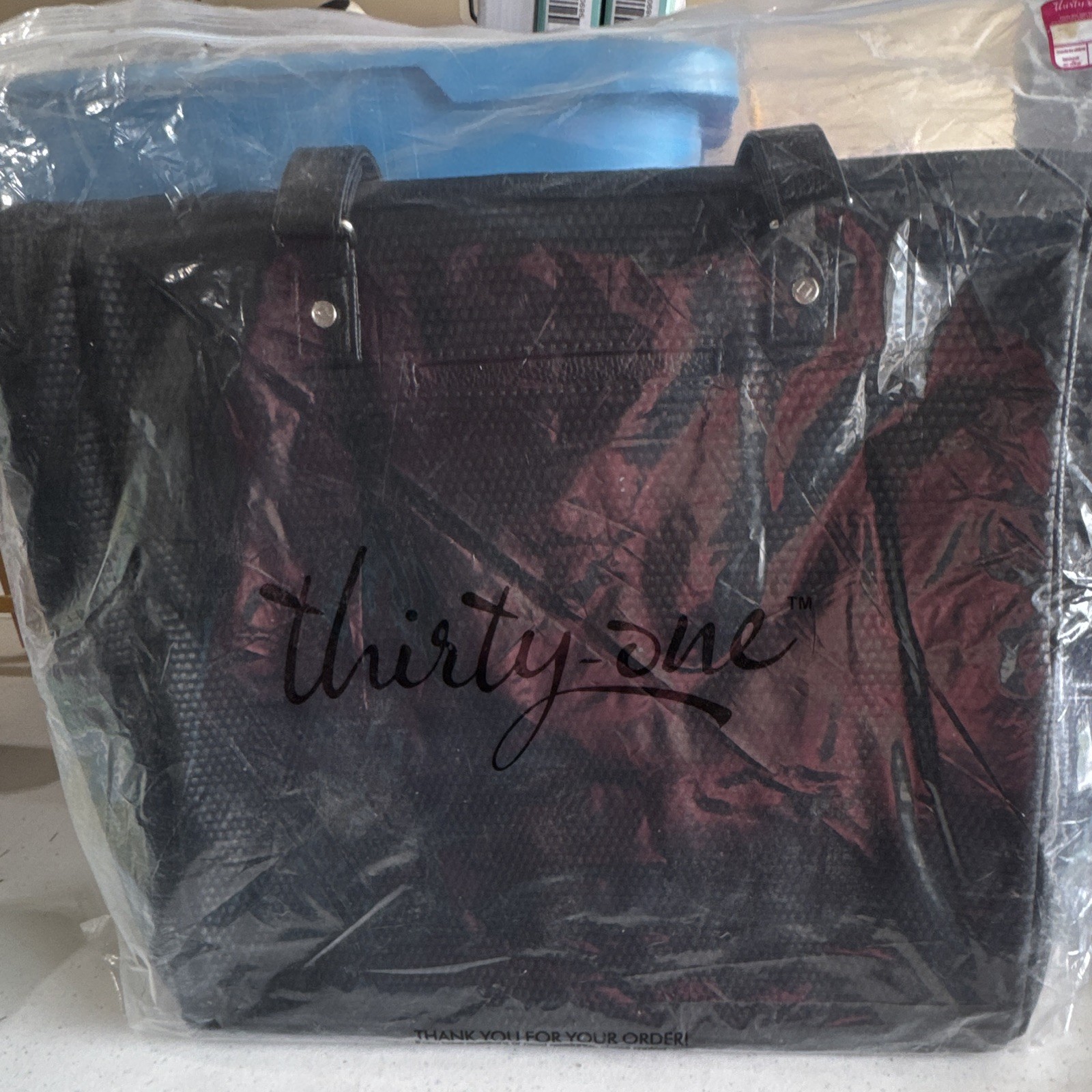 Thirty-One Black Textured Tote Bag Zip Closure Polka Dot Lined w/ Pouch