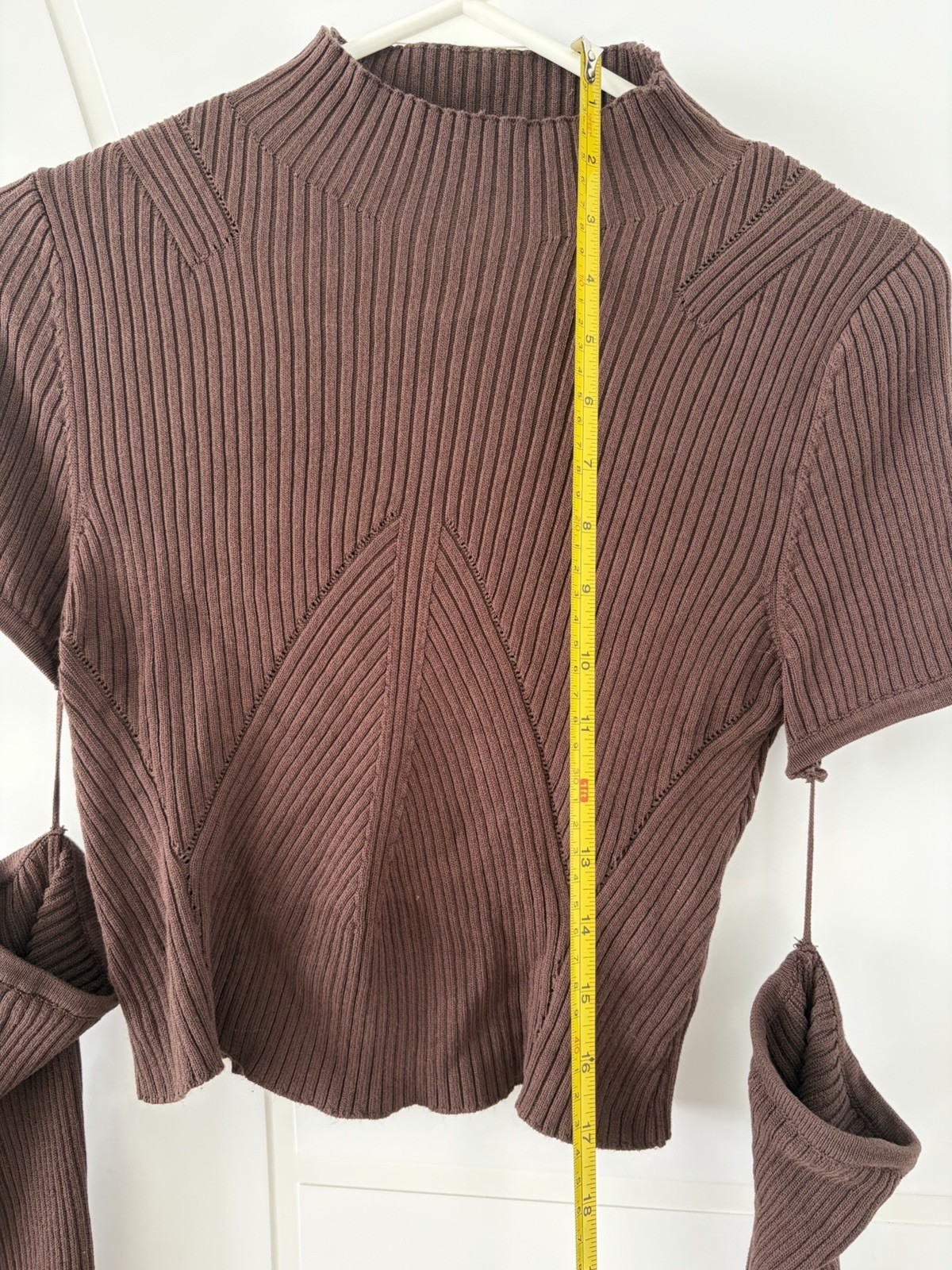 Brown Ribbed Crop Top Sweater With Removable Long Sleeves Cozy