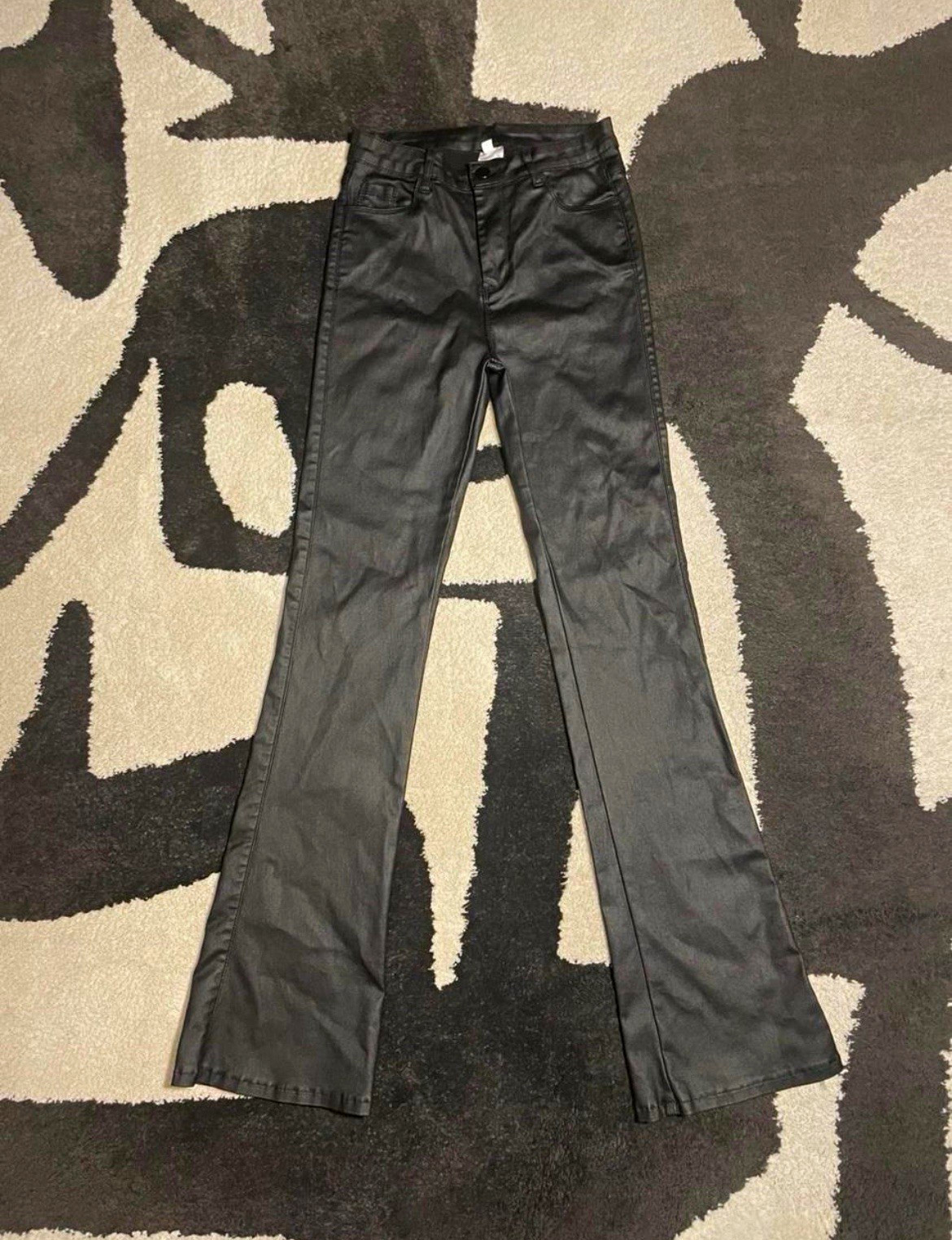 Black Faux Leather Pants M Regular Flared Mid Rise Pockets Button Flat Front