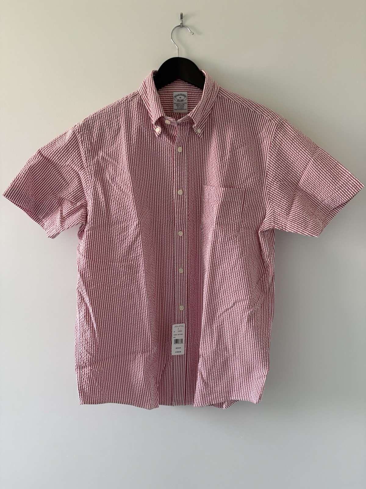 Brooks Brothers Mens Medium Red White Short Sleeve Seersucker Button Down NEW