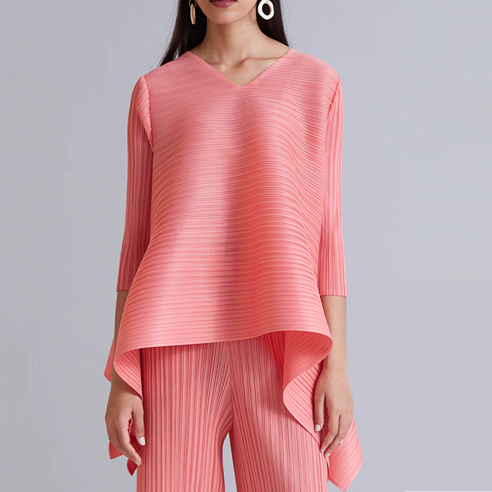 SCARLET SAGE One Size Cool Pleated Plisse Peach Coral V-Neck Waterfall Top NWT