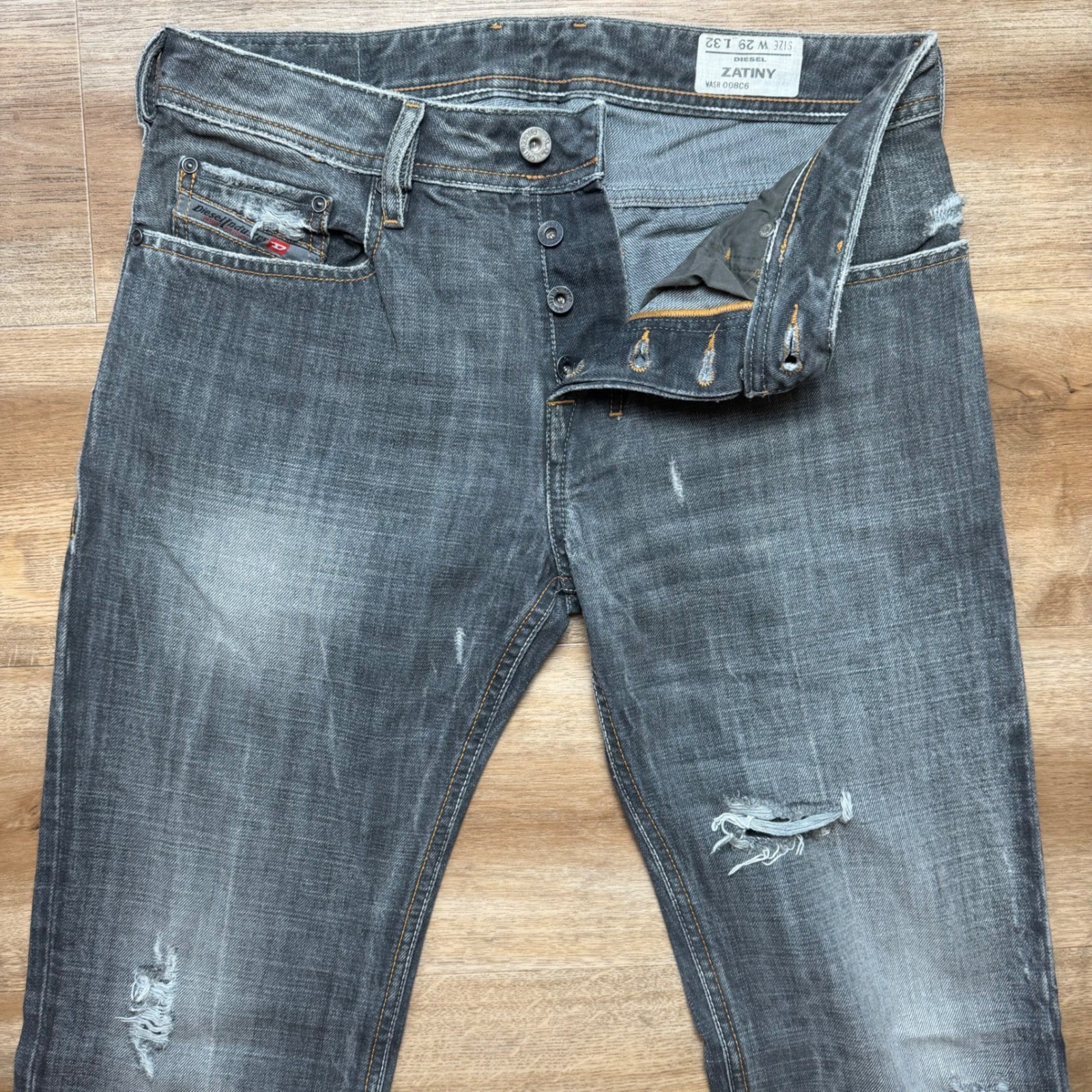 Diesel Zatiny Jeans Men 29×32 Grey Distressed Bootcut Denim Charcoal Punk 008C6