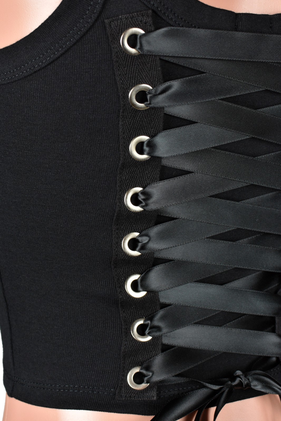Black Lace-Up Back Grommet Cropped Tank Top S M L XL 2X corset lacing metal goth