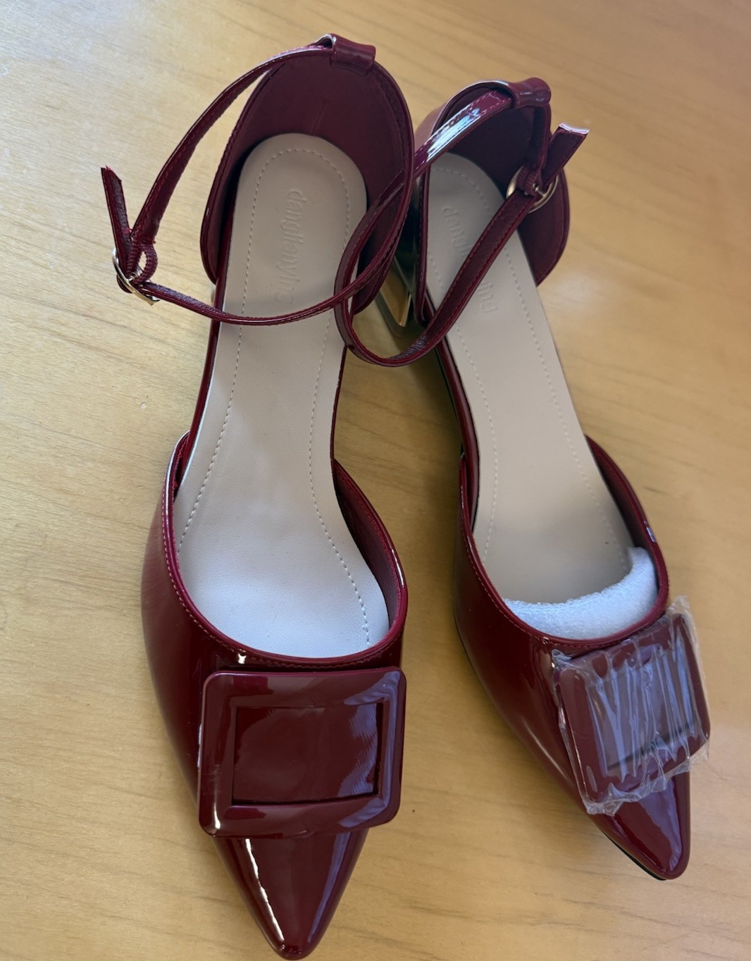 Burgundy Patent Leather Solid Pointed Toe Strappy Buckle Heels US 11