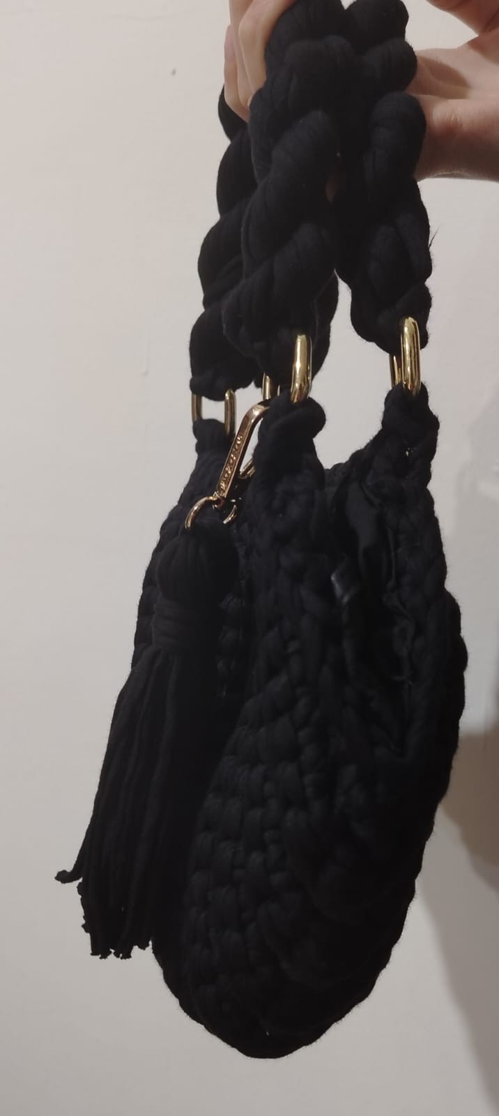 Black Handmade Crochet Purse Boho Tassel Bag Women Top Handle Knit Handbag