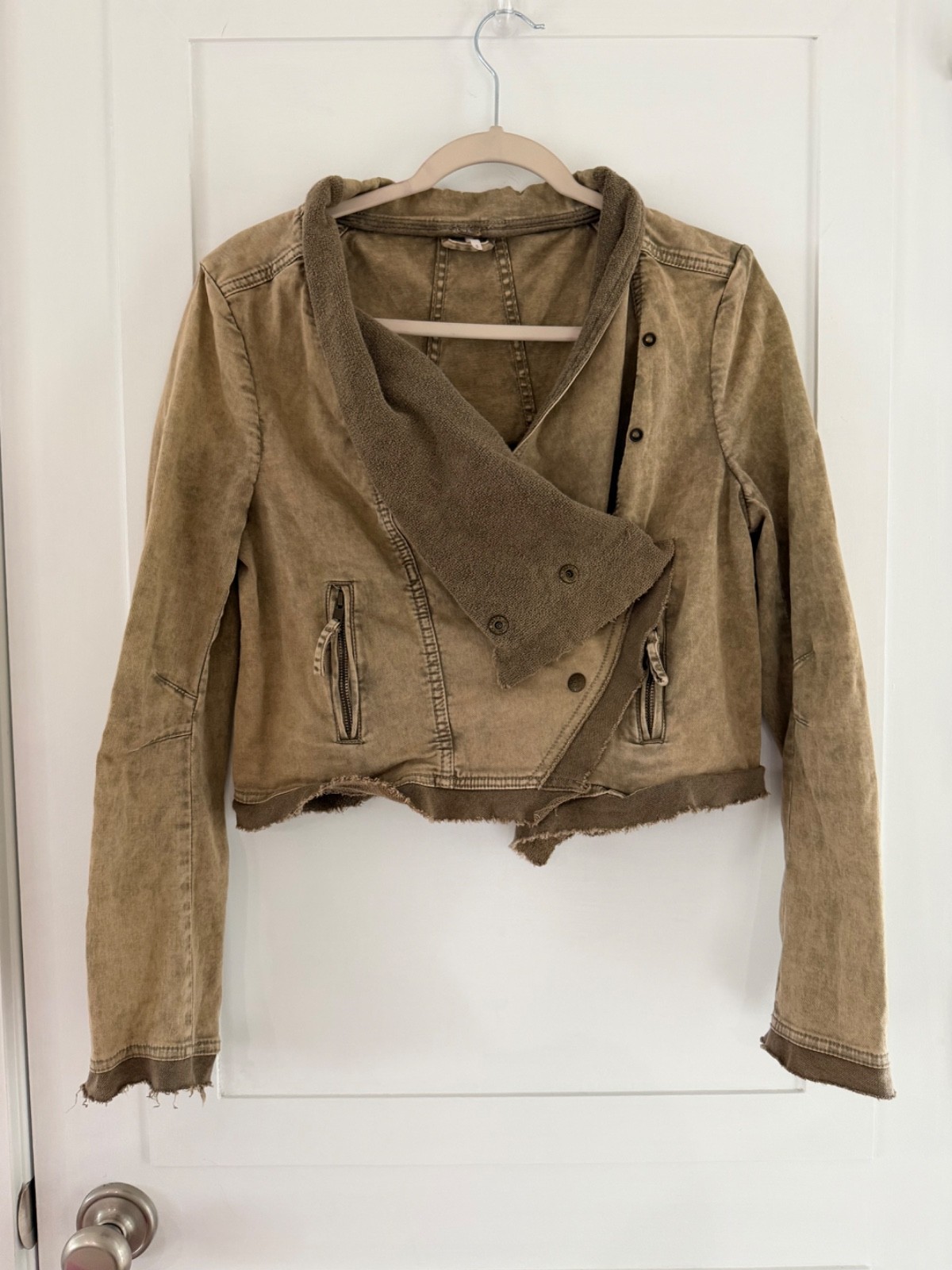 Free People Collapsing Twill Asymmetrical Moto Military Jacket Lt Brown/Tan S