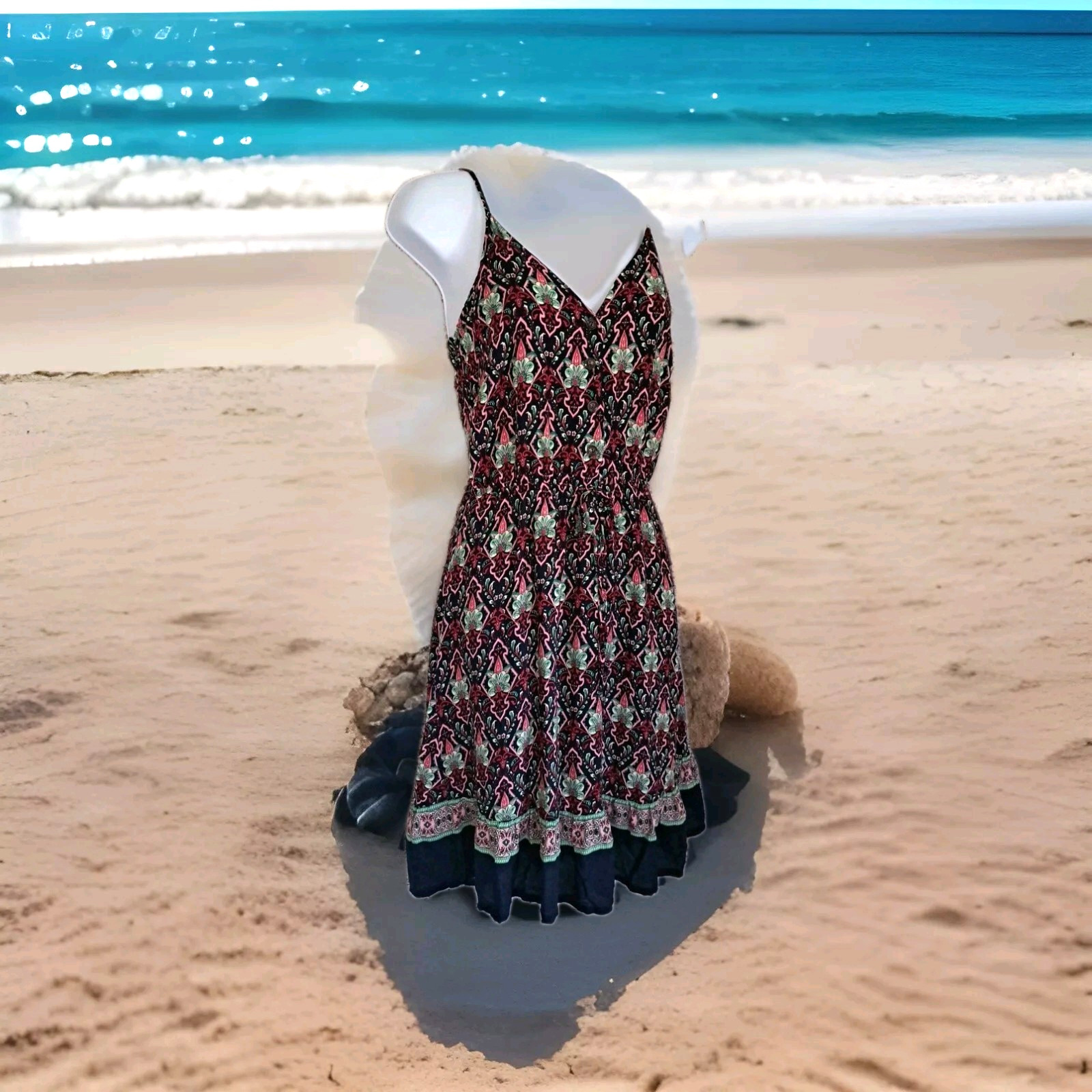 Navy Blue Multicolor Sundress S Adjustable Spaghetti Straps Summer Casual Lined