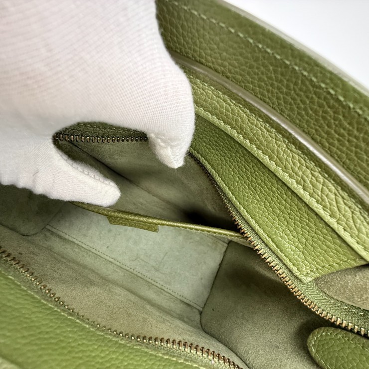CELINE Luggage Nano Shopper Hand Bag Green Leather Gold Tone