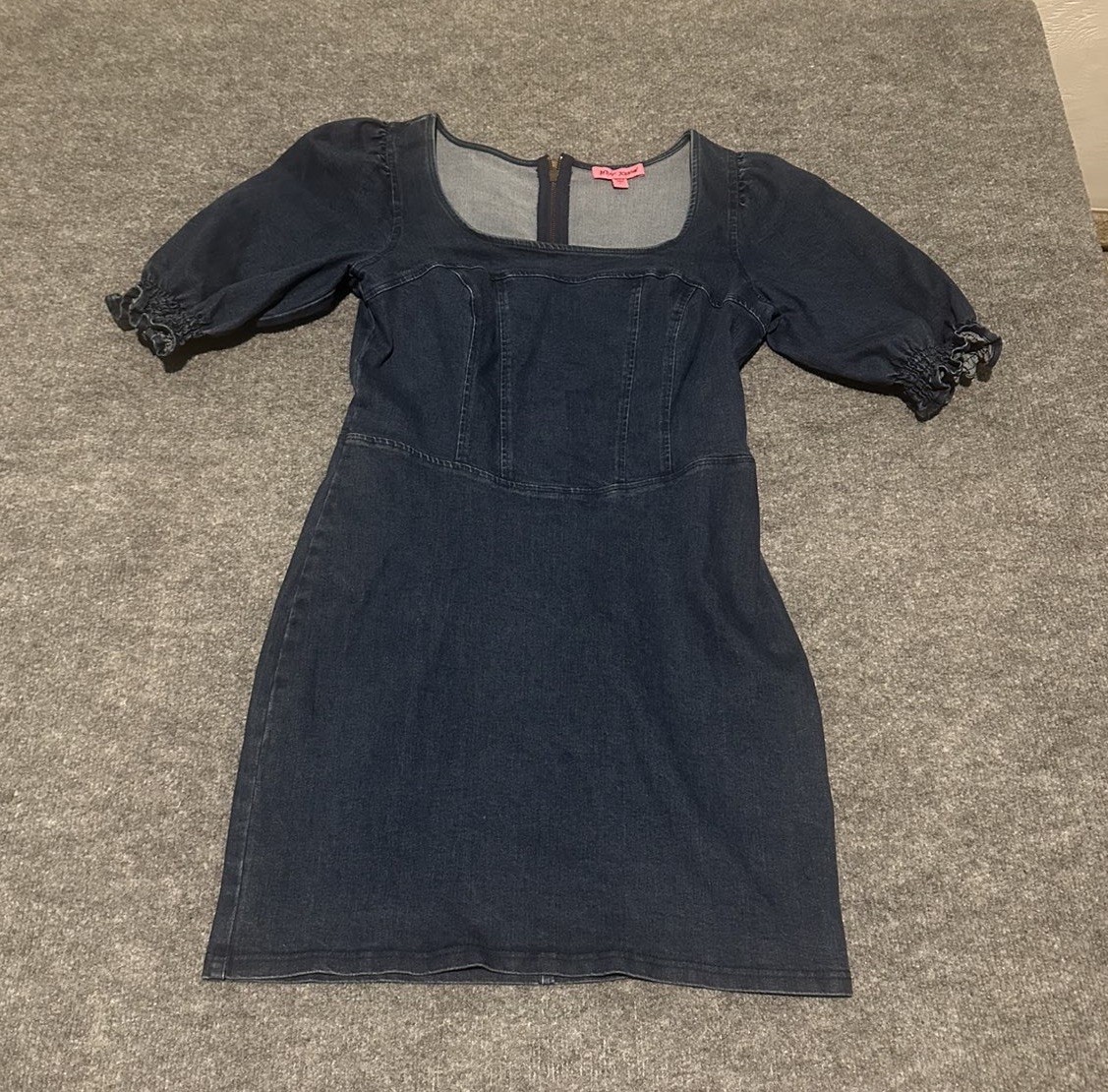 Betsey Johnson Denim Dress L Puff Sleeve Square Neck Mini Heart Zipper Y2K Boho