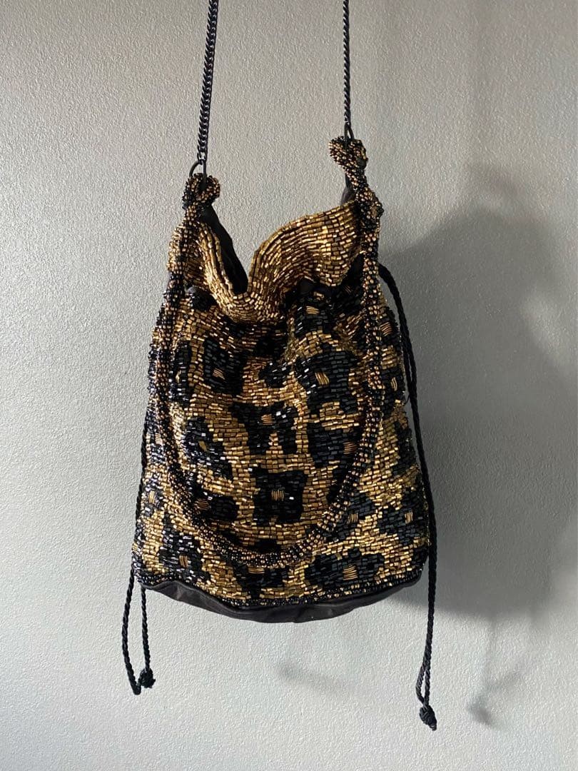 Vintage Leopard Beaded Party Bag Gold Tone Crossbody with Chain and Drawstring