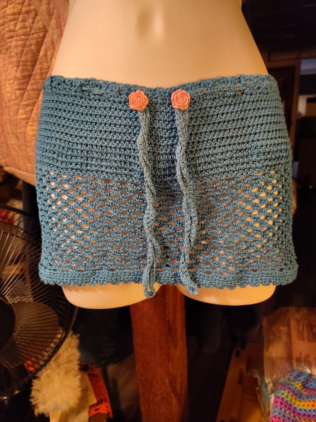 Cover Up – Rose Button Drawstring Hip Hugger Mini -100% Cotton- Reg. Medium