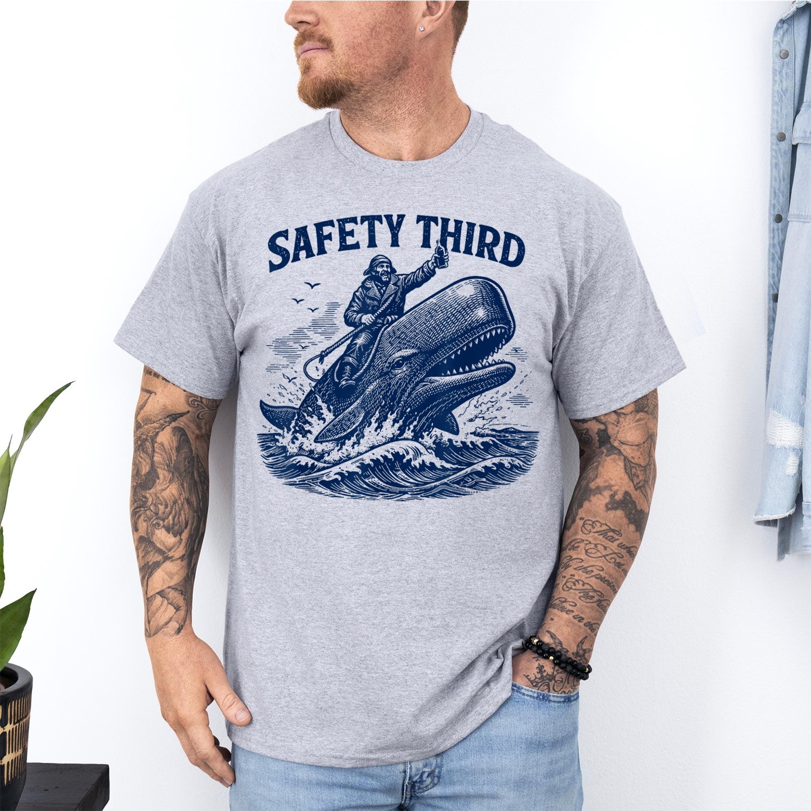 Safety Third Funny Sarcastic Nautical Whale Rider Joke Unisex T-Shirt