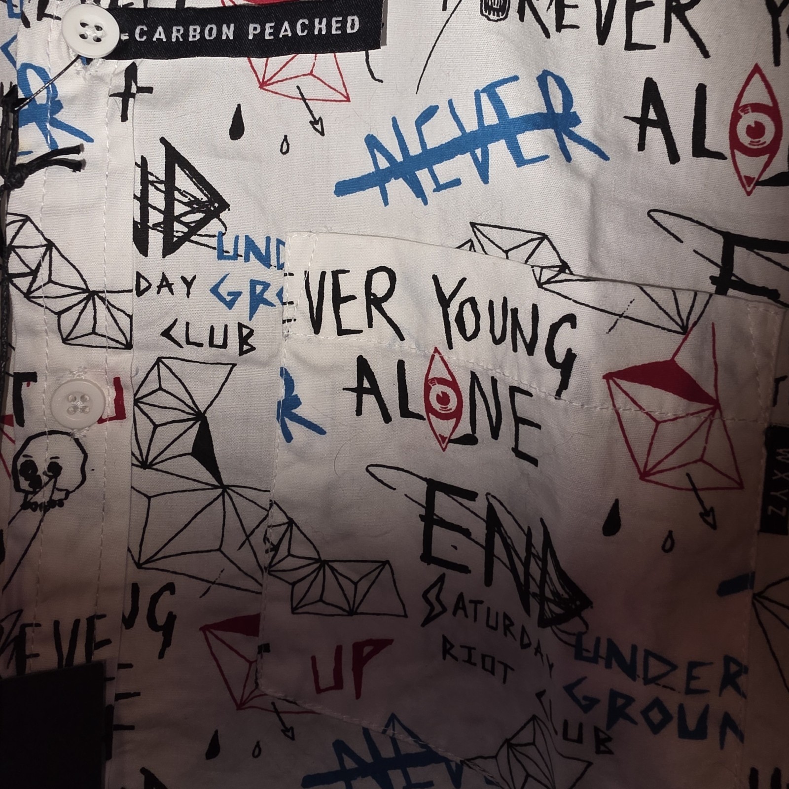WXYZ brand button up “Forever Young” “Alone” and other sayings Size Small NEW