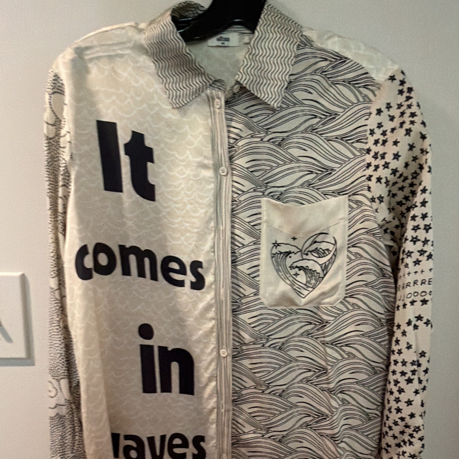 2 Me 369 Silk Multicolor Mixed Print Long Sleeve Button-Up Shirt, Pockets, XS