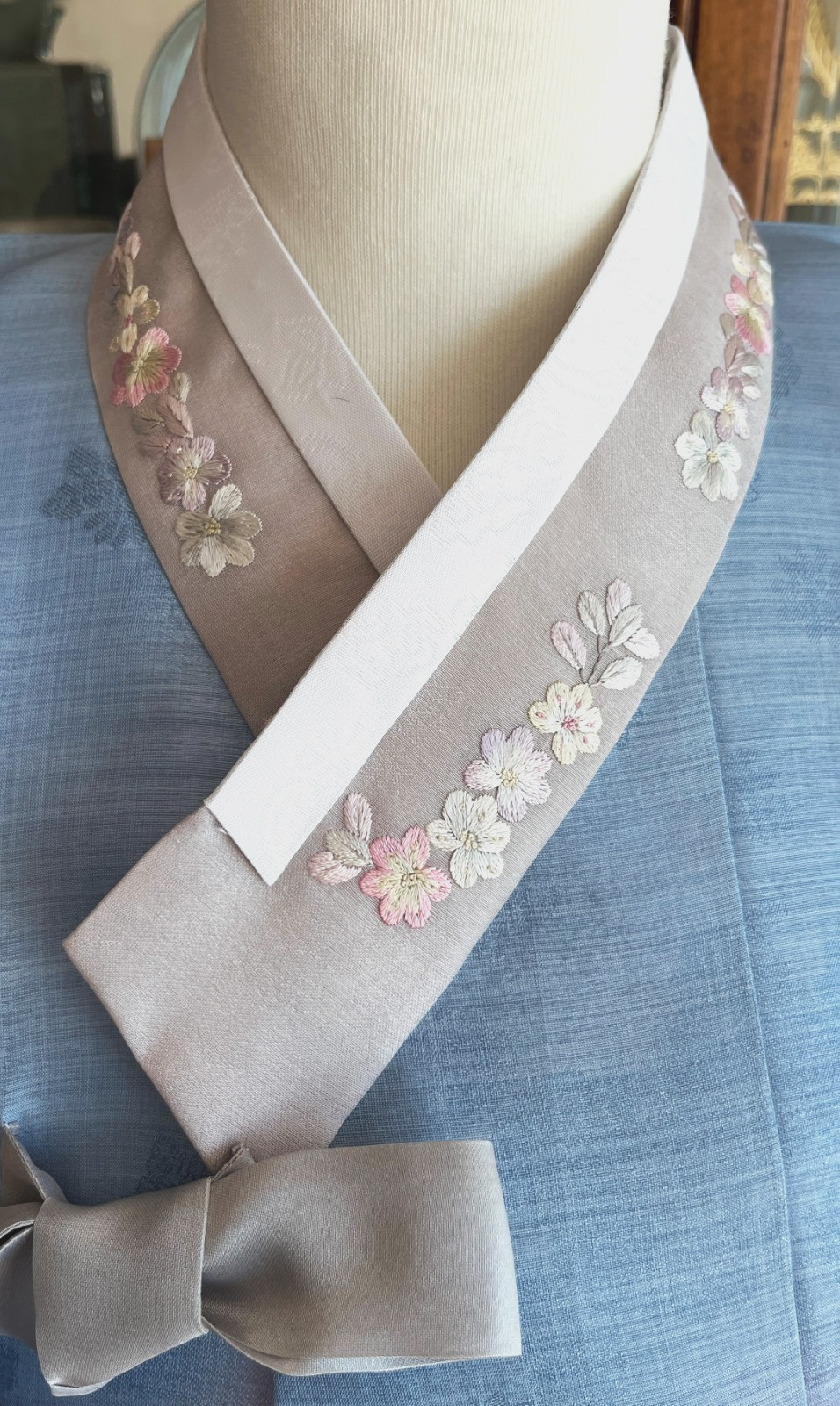 Premium Silk Traditional Korean Hanbok Dress–Light Blue & Pink/Hand bag / Junior