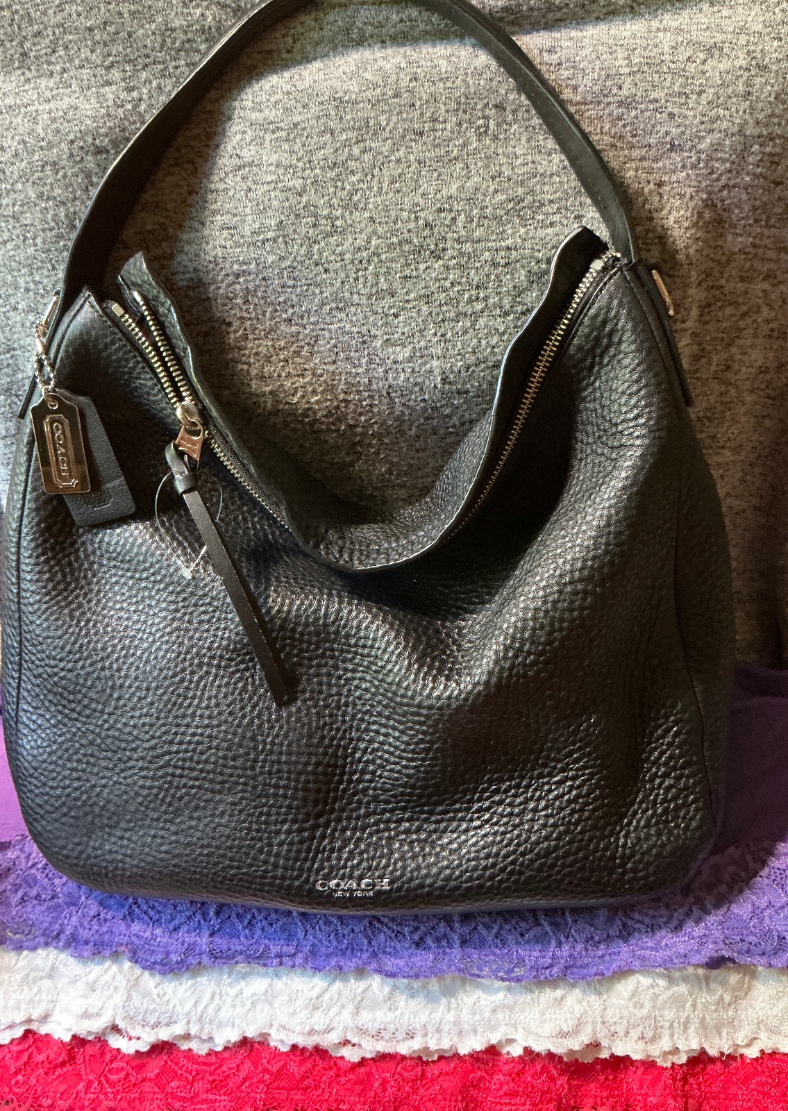 Coach Bleecker Sullivan Black Pebble Grain Leather Zip Hobo Tote Satchel