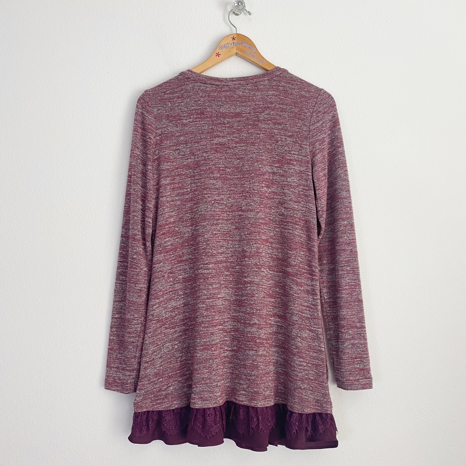 LOGO Lori Goldstein Layered Lace Hem Long Sleeve Marled Knit Tunic XS (2/4) Plum
