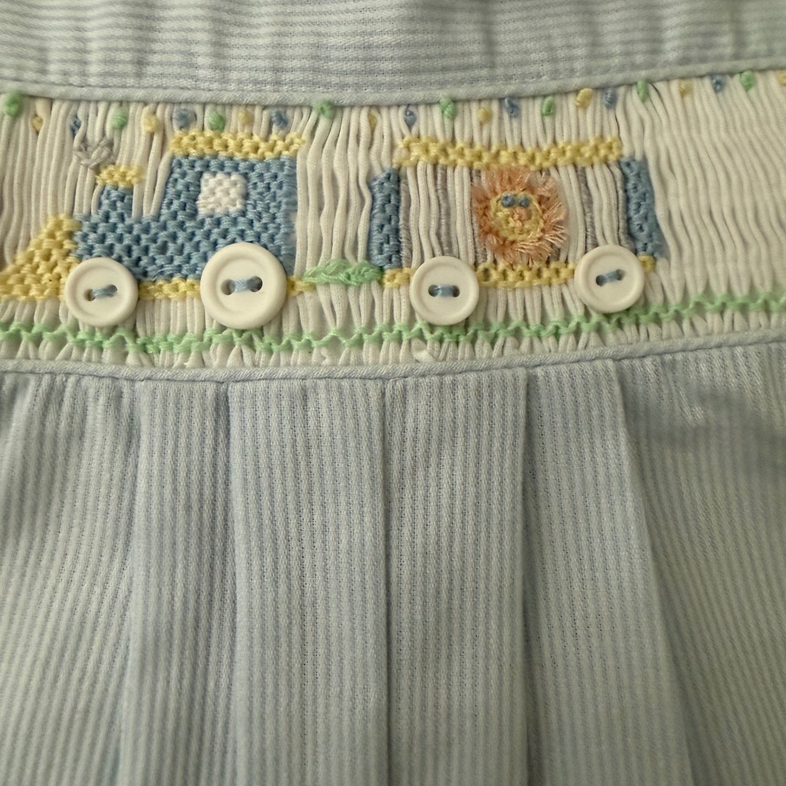 Petit Ami Smocked Train Romper Bonnet Set Blue White Stripe NWT Preemie Baby Boy