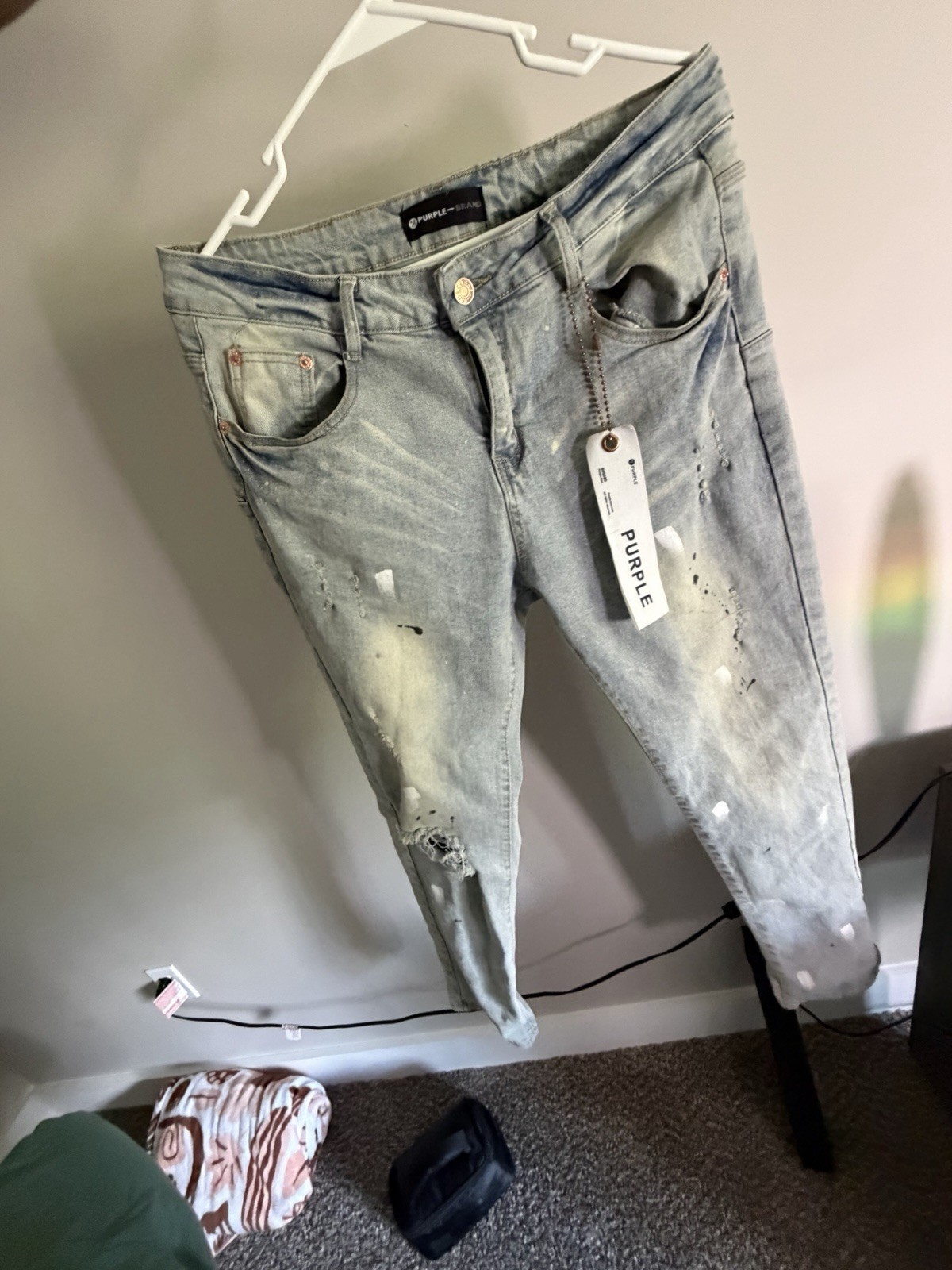 PURPLE BRAND Men’s Light Blue Light Wash Distressed Skinny Slim Fit Jeans 32