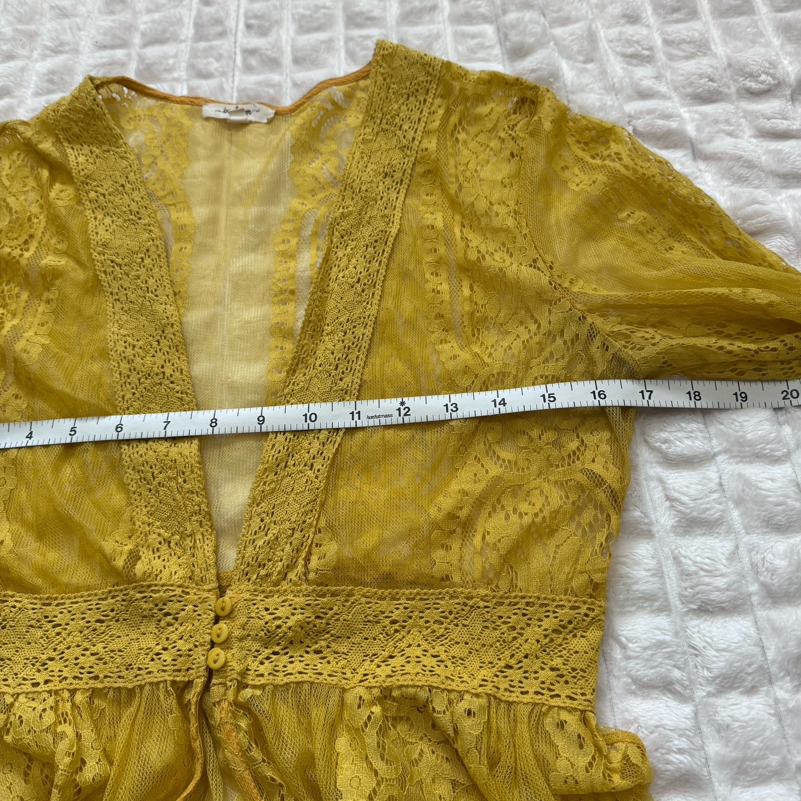 Medium Golden Mustard Yellow Sheer Lace Kimono Duster Long Bell Sleeves Boho