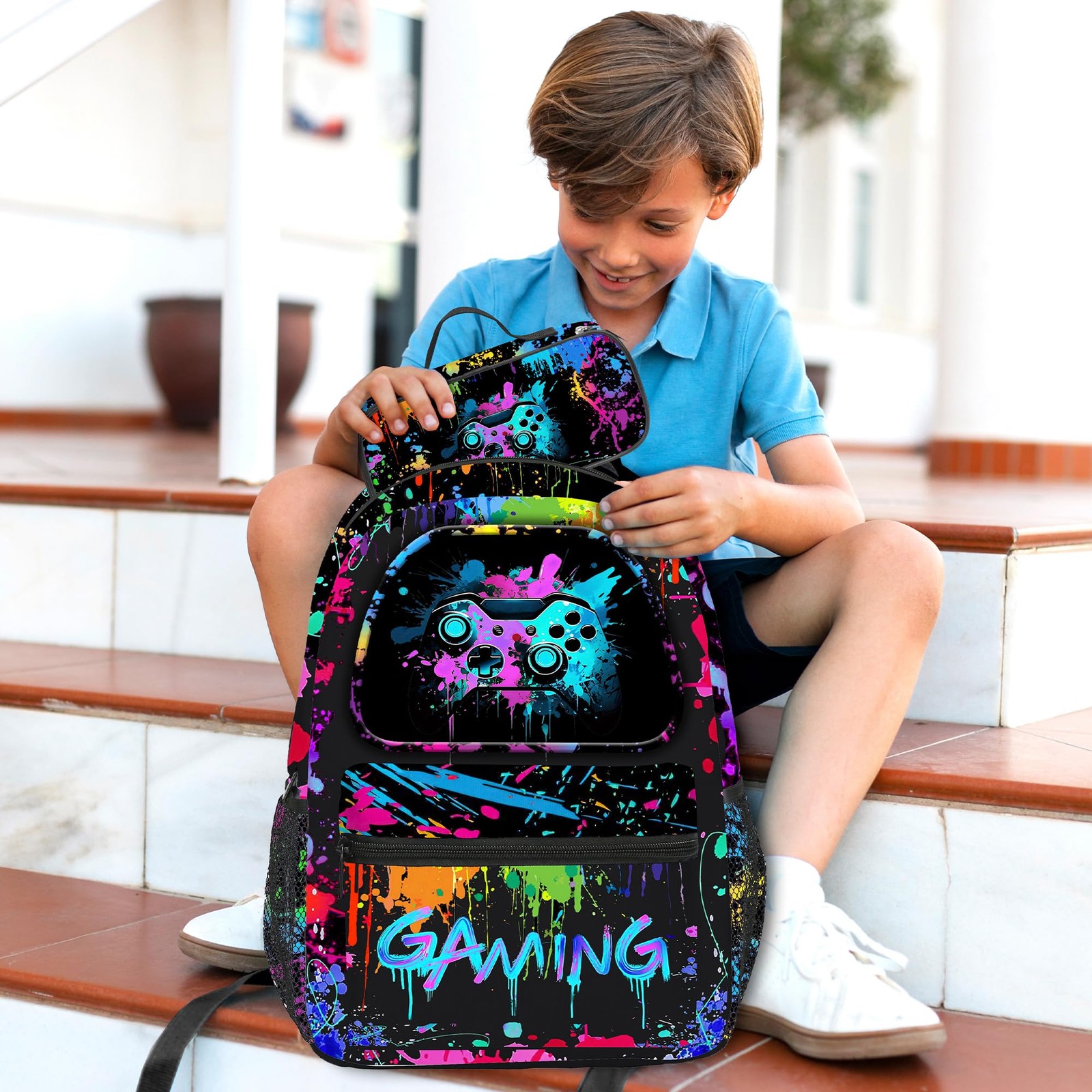 School Backpack Large Capacity 11.4×7.8×15.7in with Lunch Bag & Pencil Case