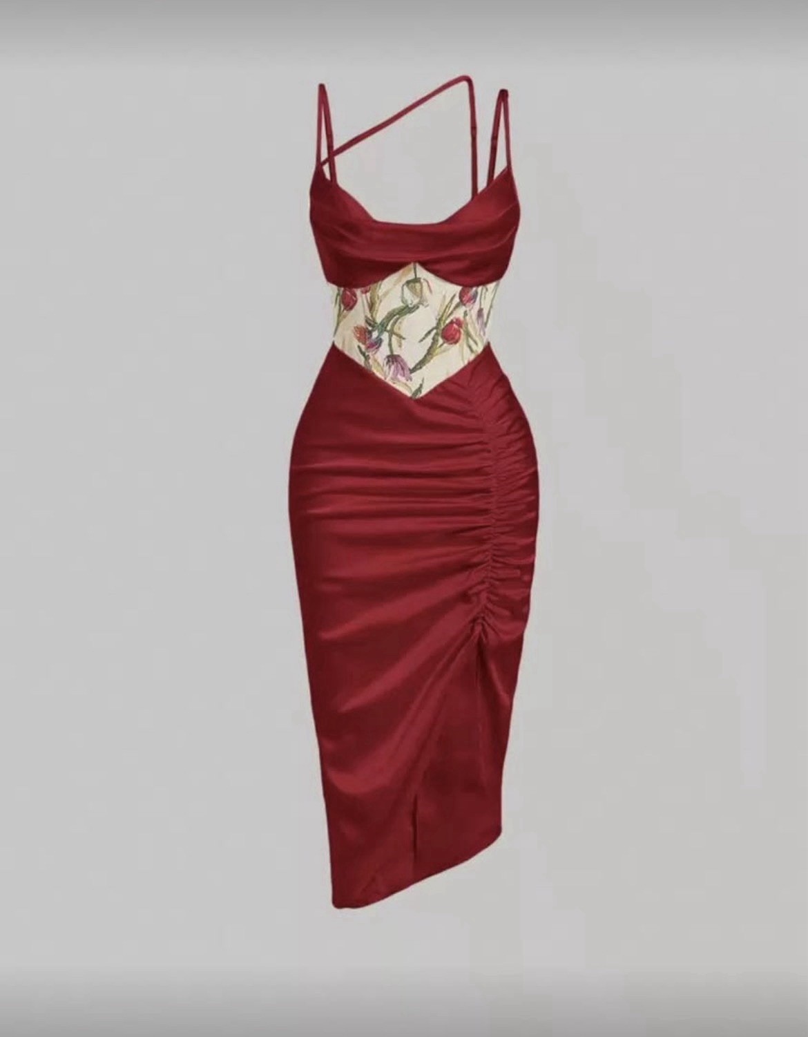 Women’s Red Satin Ruched Floral Cutout Spaghetti Strap Midi Bodycon Dress S