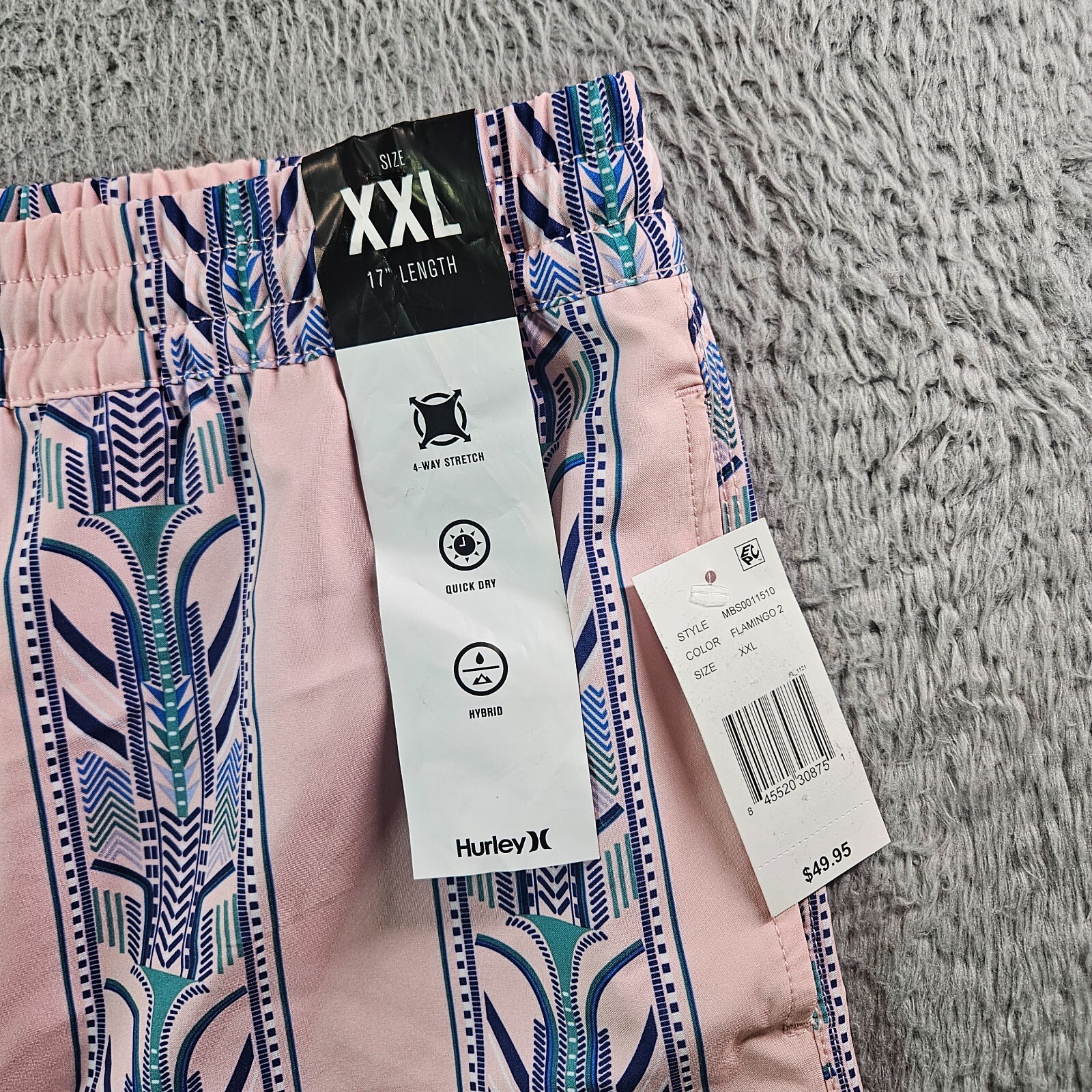 NWT Hurley Board Shorts Swim Trunks Men XXL No Liner Blue Geometric Print Pink