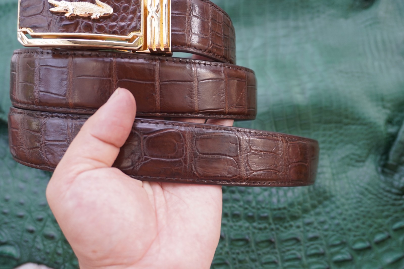 W1.3 inch Brown Genuine Crocodile Belly Leather Skin Men’s Belt Buckle #R46