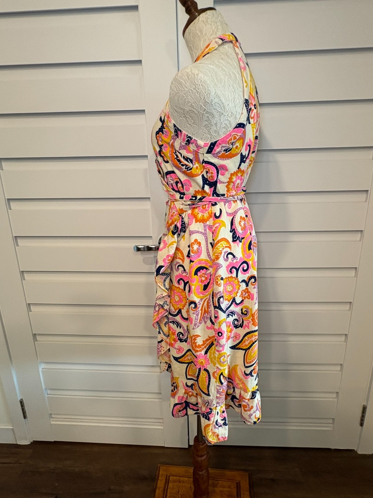 JB By Julie Brown Kaylah Paisley Linen Blend Halter Wrap Rush Midi Dress L