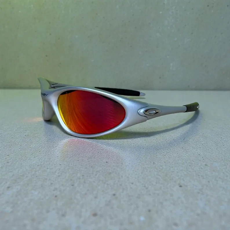 Retro Oakley Minute Sunglasses Silver Orange Lens Y2K Sport Wrap Techwear