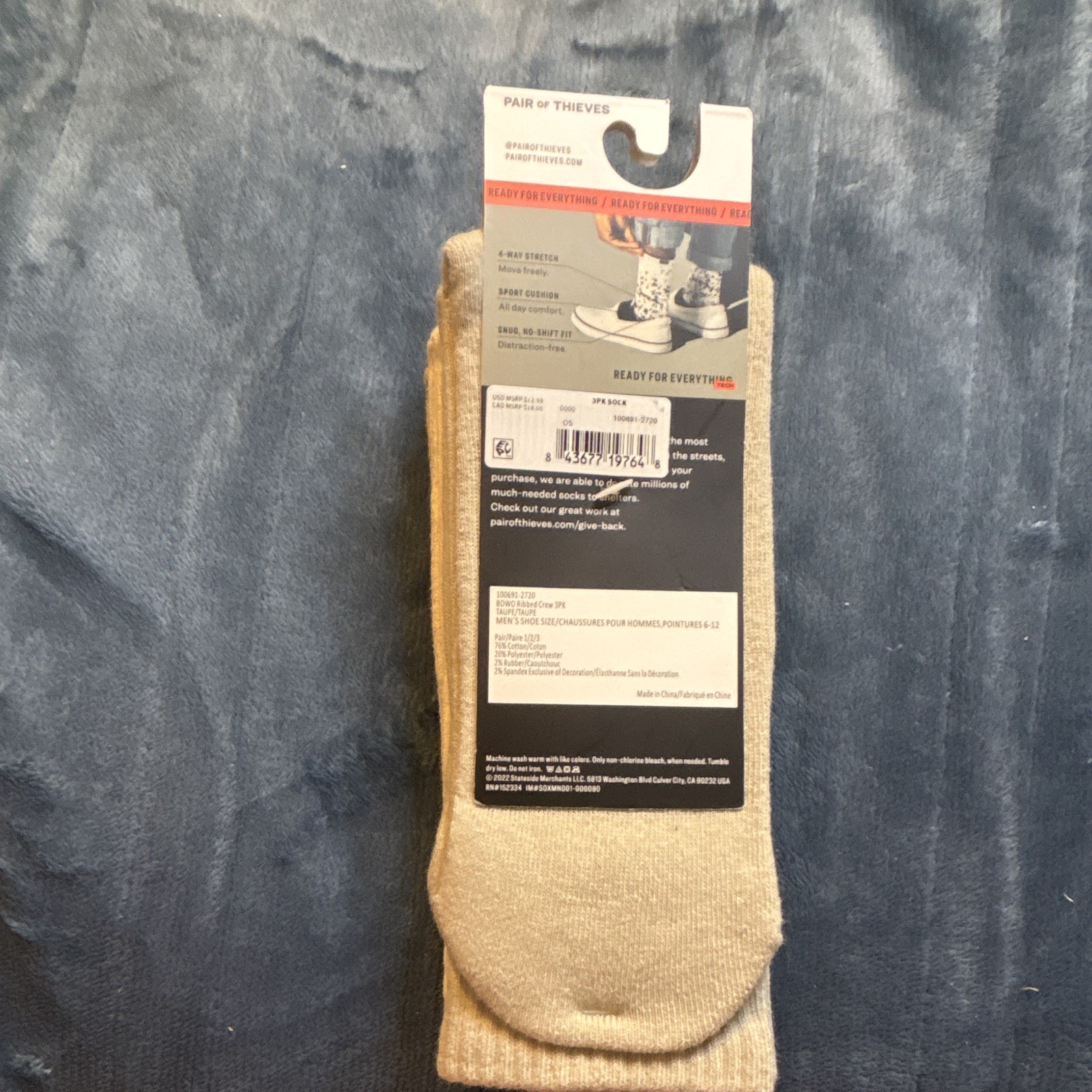 Pair of Thieves Cushioned Crew Socks Beige Solid 3-Pair Pack Men’s 6-12