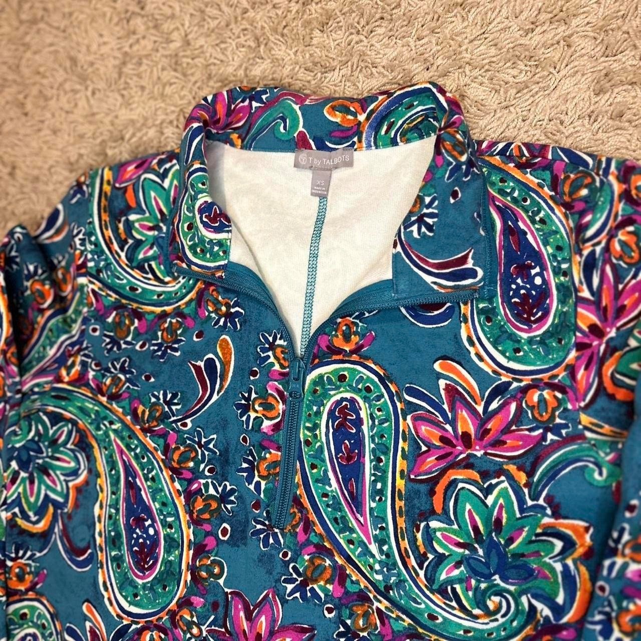 T by Talbots Womens XS Teal Paisley Quarter Zip Pullover Long Sleeve Top Pockets
