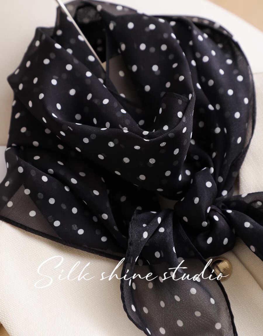 Chic Black & White Polka Dot 100% Silk Scarf -Lightweight 63″x12″ Oblong Summer