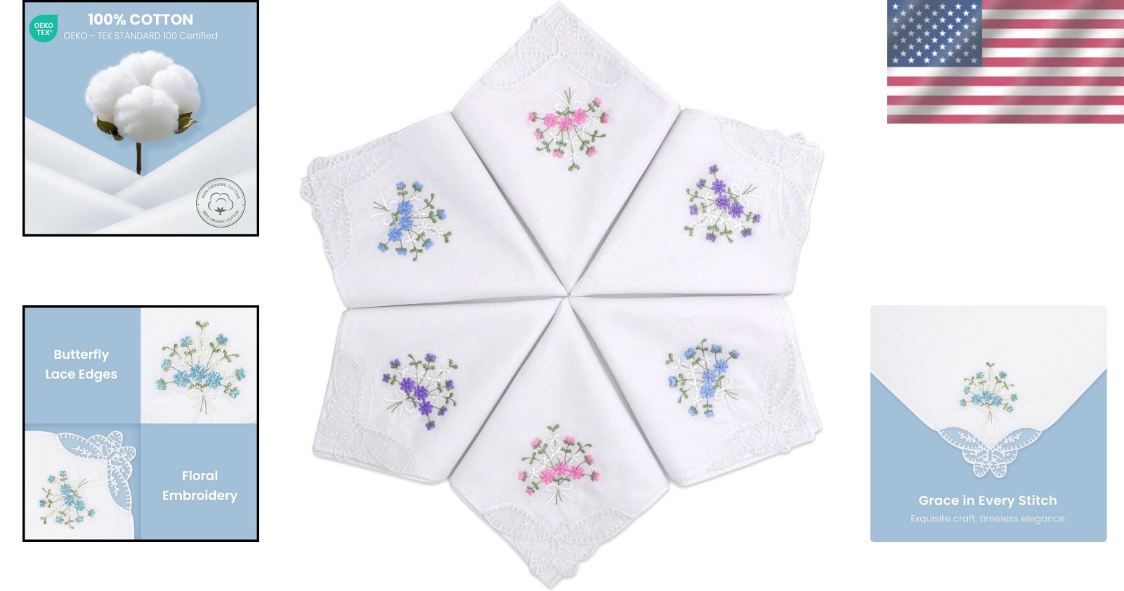Assorted Floral Lace Trimmed Cotton Handkerchiefs – 6 Pack for All Occasions