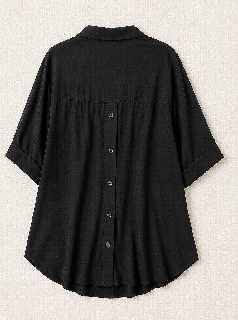 LUSH Black Collared V-Neck Blouse 100% Rayon High Low Back Button Shirt – XL/2XL