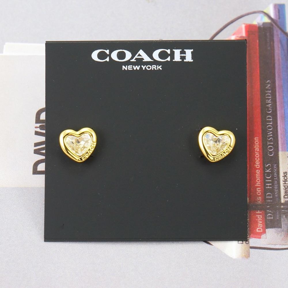 NWT Coach Stone Heart Stud Earrings Clear Gold Tone