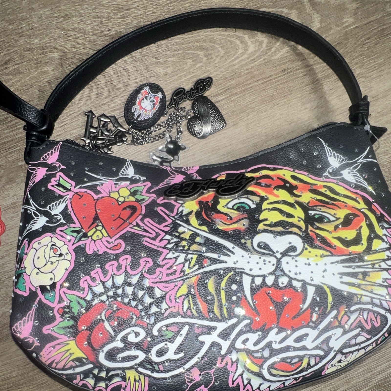 Ed Hardy Small Black Shoulder Bag Tiger Graphic Skull Tattoo Zip Closure Charm