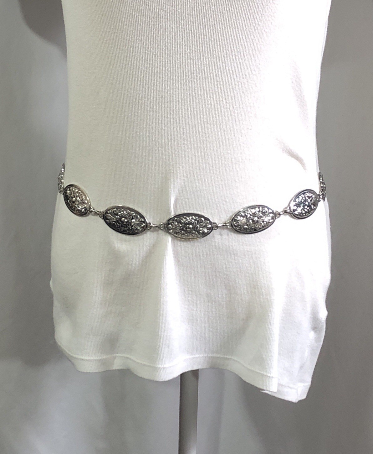 Concho Belt Chain Link Metal Silver Tone Adjustable – 27 inches to 40 inches