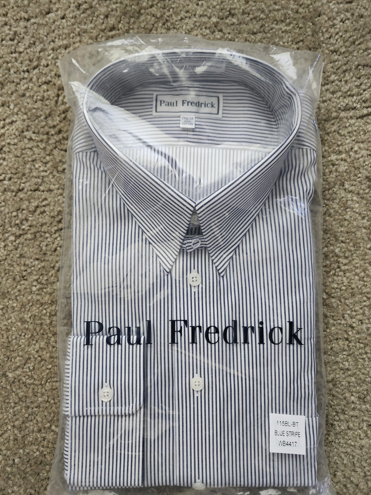 Paul Fredrick Men’s Big Tall Dress Shirt, 17.5 x 38 Blue Striped, Tabbed Collar