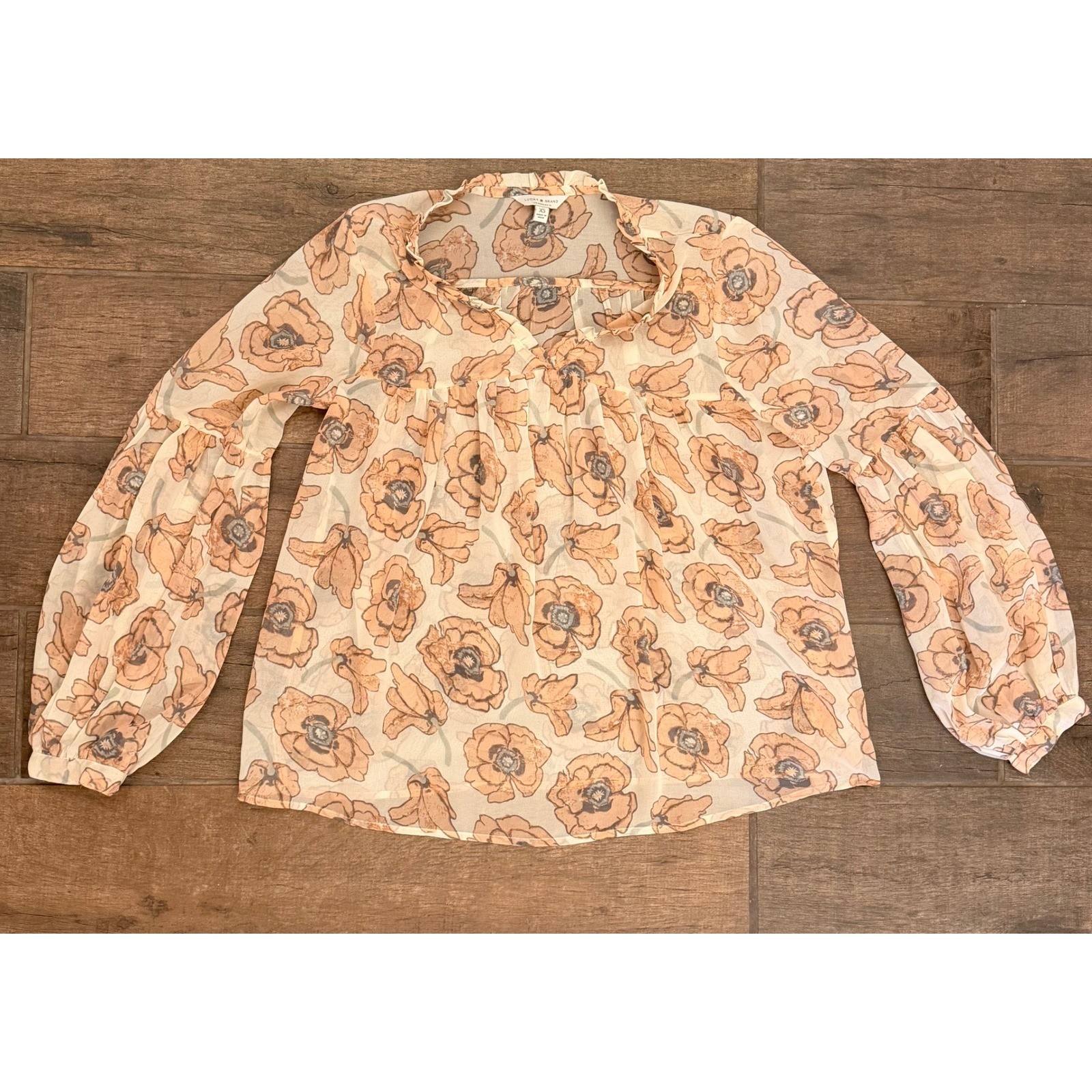 Lucky Brand Sheer Floral Ruffle V-Neck Balloon Sleeve