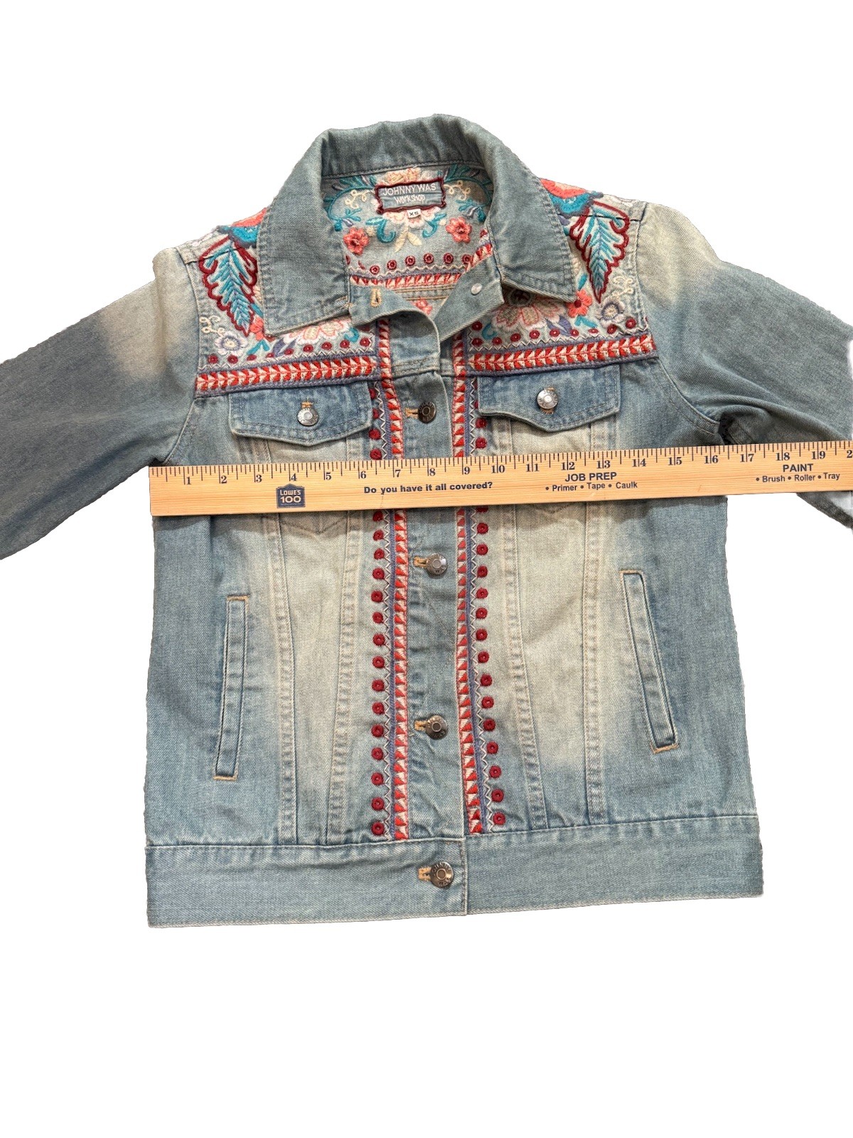 Johnny Was Oman Embroidered Denim Jean Jacket Women’s Boho Artsy Colorful XS
