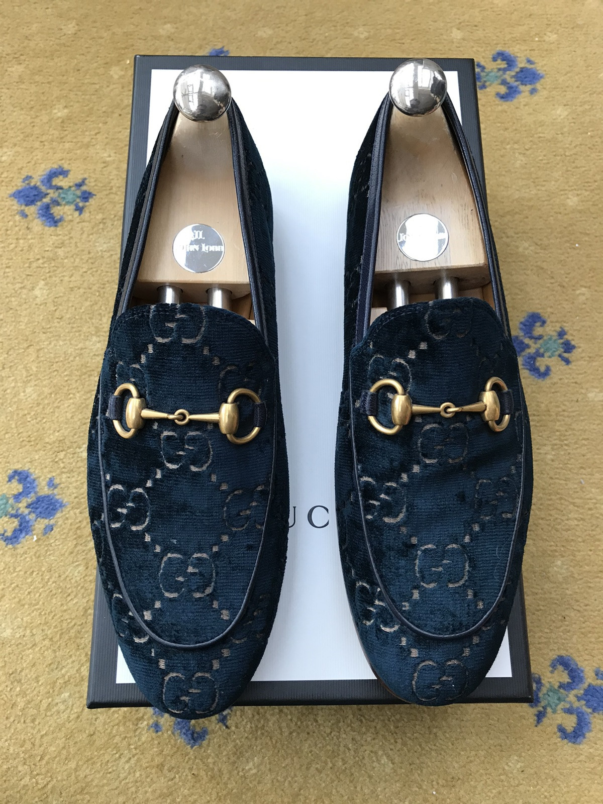Gucci Loafers Shoes Jordaan Velvet Blue Monogram Horsebit Mens UK 7 US 8 EU 41