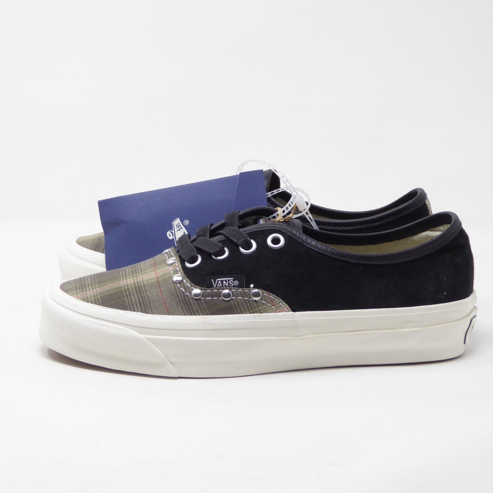 Vans Black & Khaki Premium Authentic 44 Sneakers Prep Plaid Olive Studs Sz 6.5