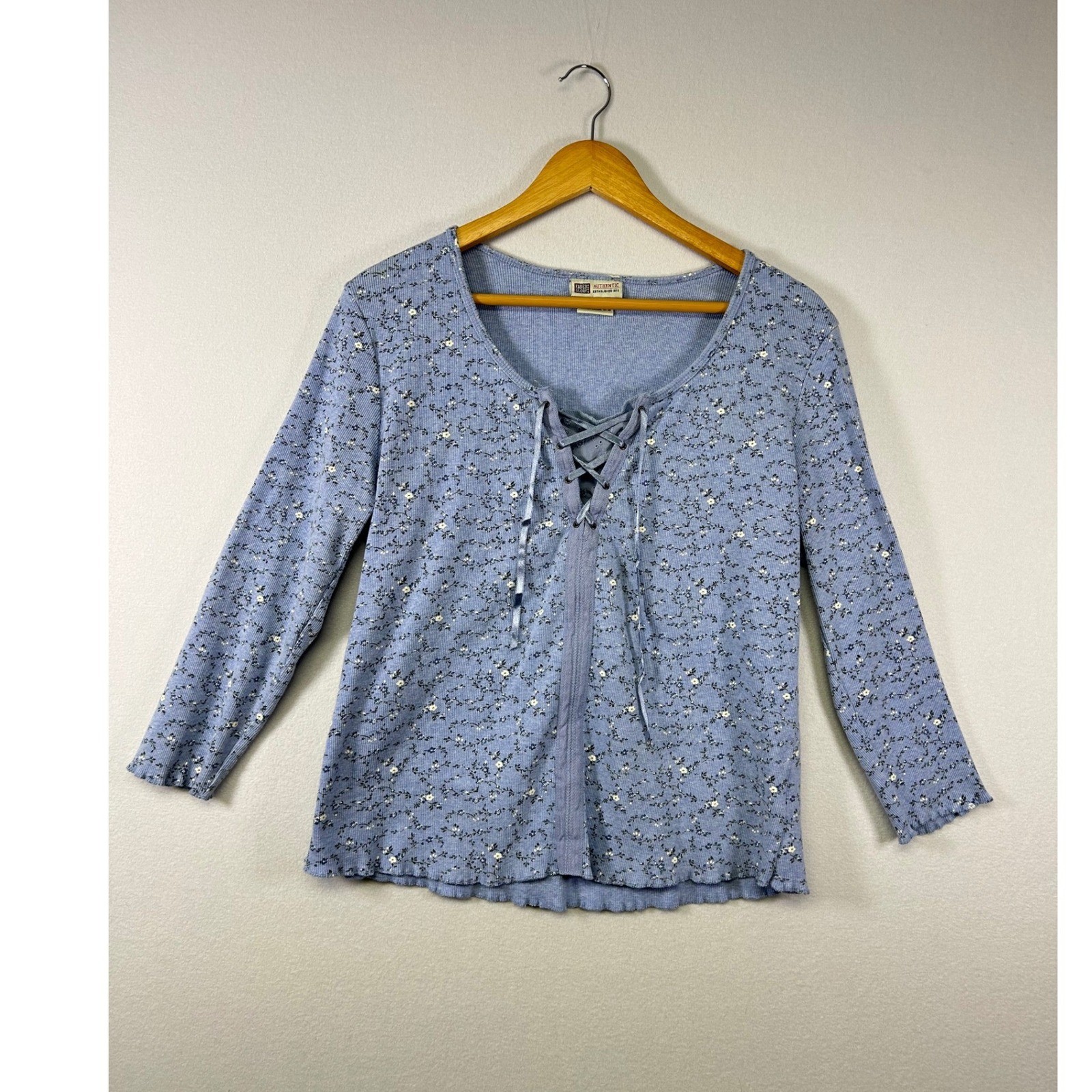 Faded Glory Floral Lace Up Top Women XL Blue Ribbed Lettuce Edge Y2K Cottagecore