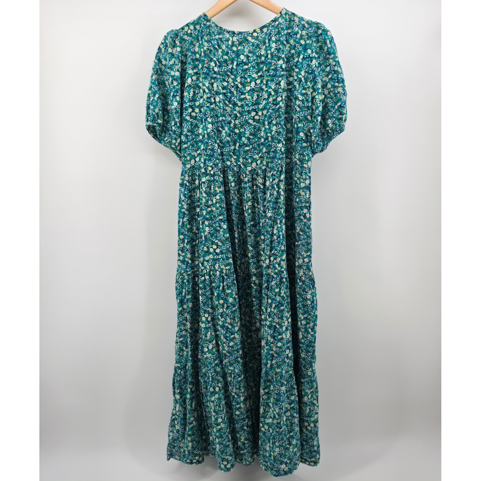 Old Navy Teal Green Floral Tiered Maxi Dress Puff Sleeve Button Front Womens M