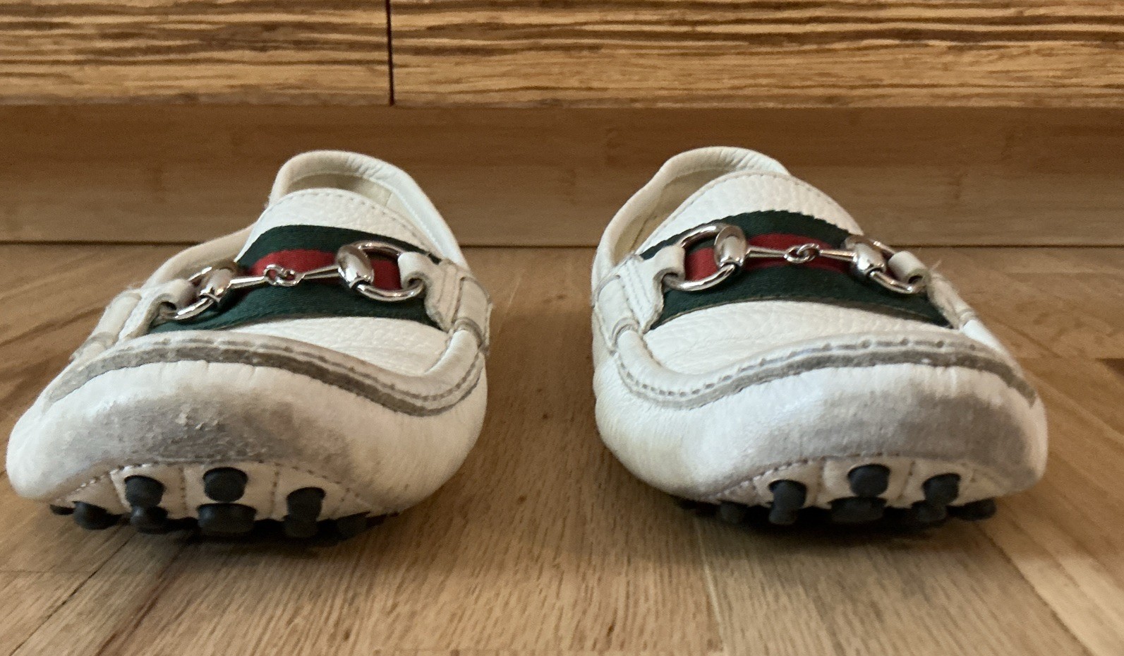 Gucci White Soft Leather Horsebit & Web Loafers Driving Moccasins Men 38.5