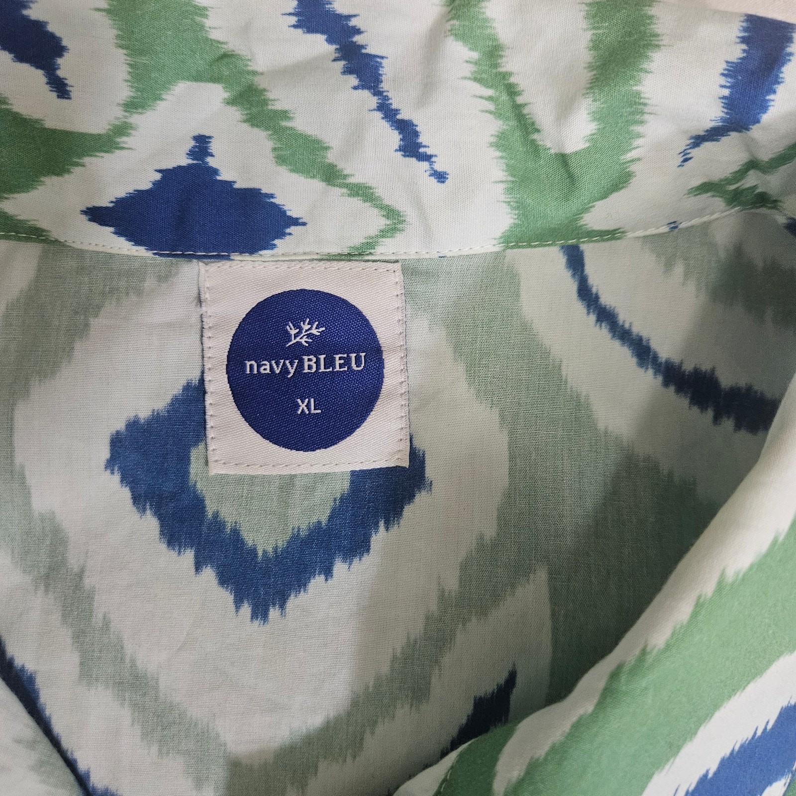 navy BLEU Ikat Print Button Front Midi Shirtdress Green Blue White Size XL