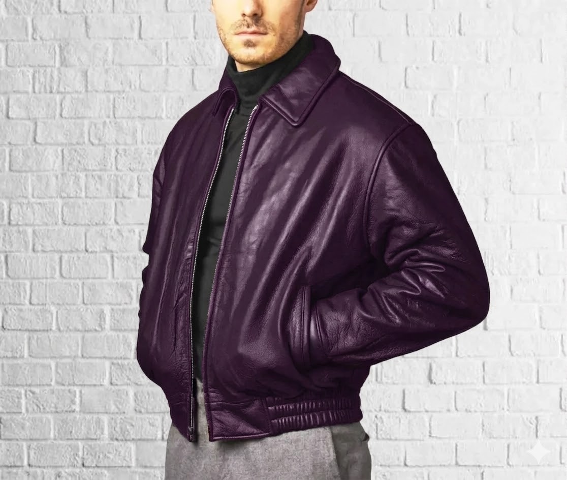 PURPLE Men’s Leather Bomber Jacket Real Lambskin Flight Inspired Coat Jacket