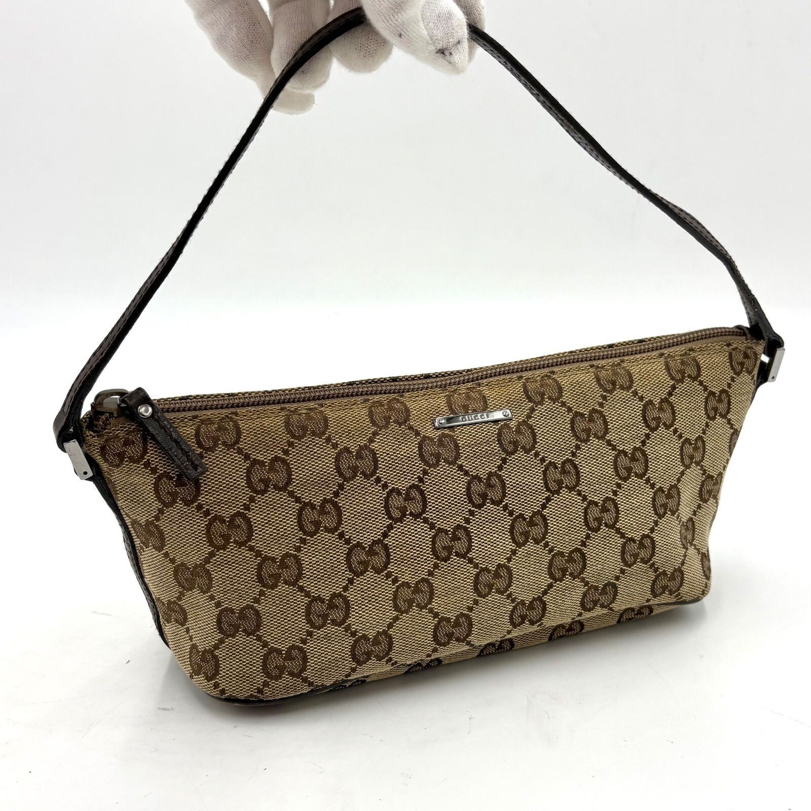 GUCCI Boat Bag Pochette GG canvas leather Brown Vintage Authentic From Japan