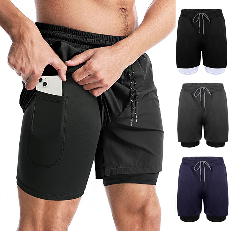 Men’s 2 in 1 Workout Running Shorts Training Yoga Gym Short with Zipper Pockets